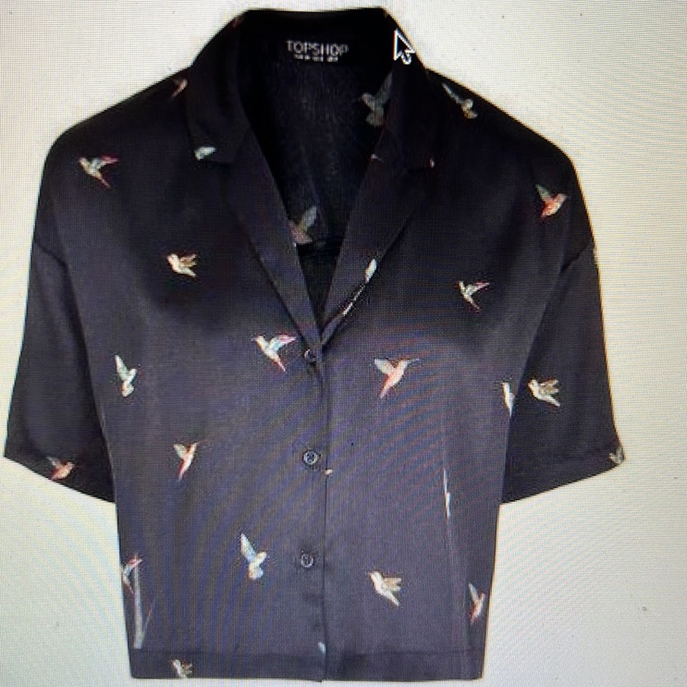 Topshop hummingbird petite button closure navy satin shirt